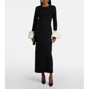 STAUD Hawthorne Taffeta Trim Maxi Dress Black Long Sleeve Ruffle Cuff Brand New